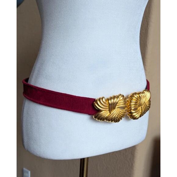 Vtg Carlisle Red Suede leather belt gold tone buckle Women M 80s 90s Art Deco main image 7